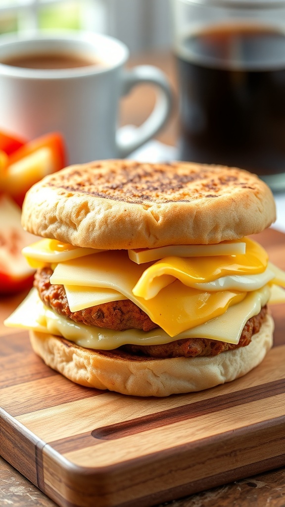 A hearty breakfast sandwich with sausage, eggs, and cheese on an English muffin, served with fruit and coffee.